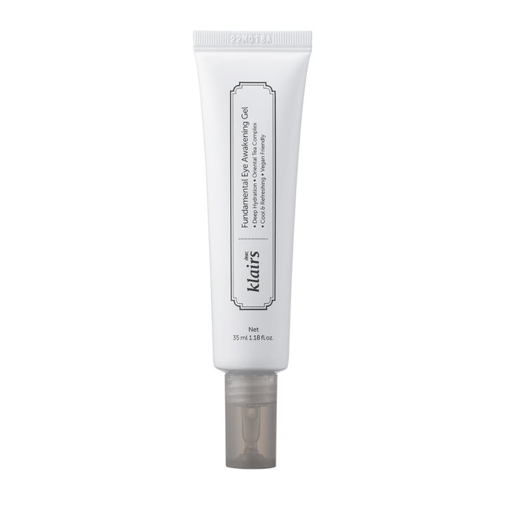 Freigestelltes Produktbild von Klairs Fundamental Eye Awakening Gel vor weißem Hintergrund. Die Tube wird von vorn gezeigt, um Produktnamen, Größe und das klare, minimalistische Design, das die Produkte von Klairs kennzeichnet, deutlich zu präsentieren.