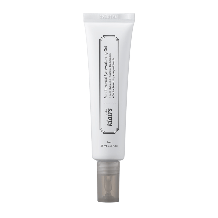 Freigestelltes Produktbild von Klairs Fundamental Eye Awakening Gel vor weißem Hintergrund. Die Tube wird von vorn gezeigt, um Produktnamen, Größe und das klare, minimalistische Design, das die Produkte von Klairs kennzeichnet, deutlich zu präsentieren.
