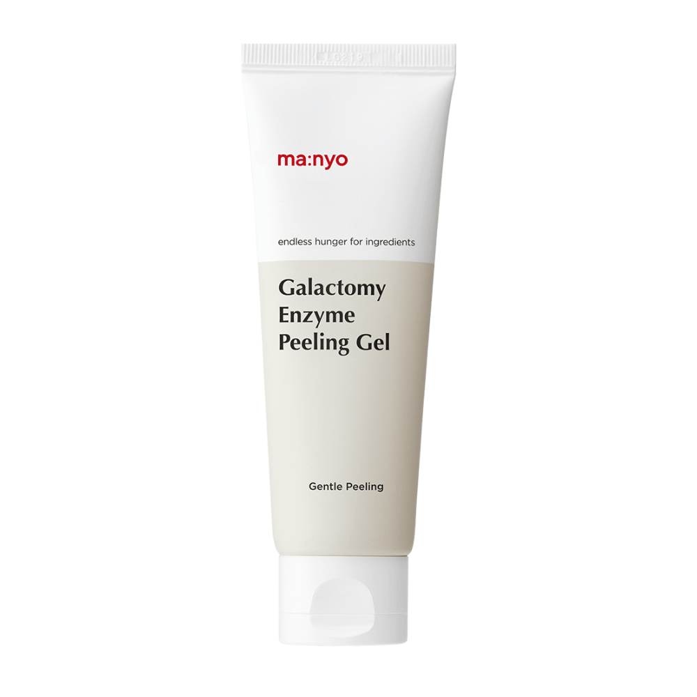 ma:nyo Galactomy Enzyme Peeling Gel, sanftes exfolierendes Peeling-Gel in weißer und beiger Tube vor weißem Hintergrund.
