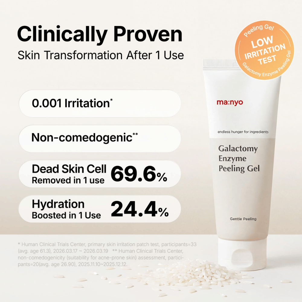 ma:nyo Galactomy Enzyme Peeling Gel mit klinischen Testergebnissen für Exfolierung, Feuchtigkeitsversorgung und hautfreundlicher Formel.