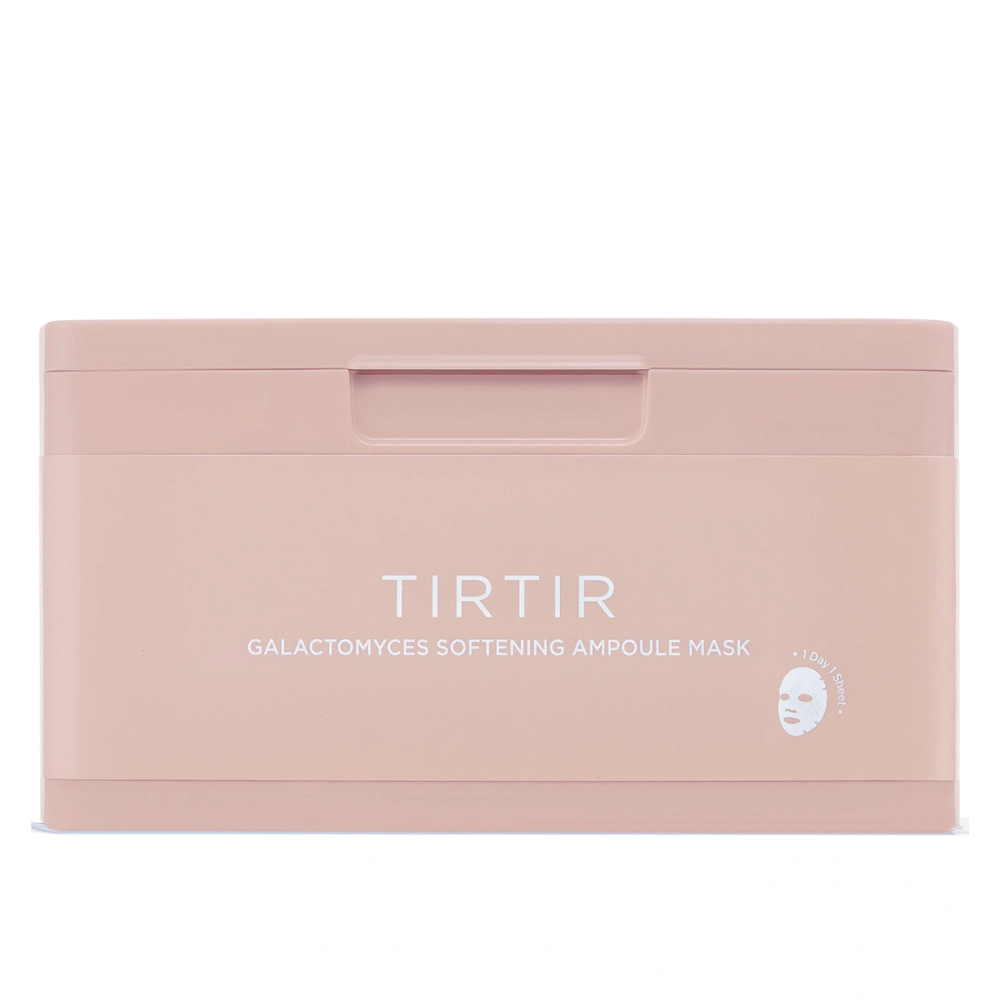 Rosa behållare med texten "TIRTIR GALACTOMYCES SOFTENING AMPOULE MASK" och en liten ikon av en sheet mask, designad för att förvara flera ansiktsmasker.