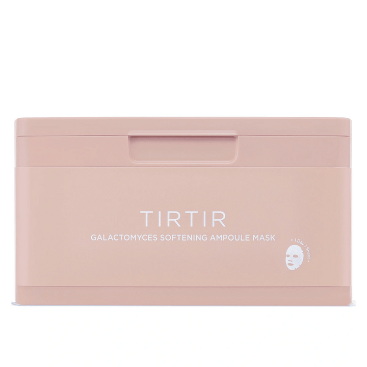 Rosa behållare med texten "TIRTIR GALACTOMYCES SOFTENING AMPOULE MASK" och en liten ikon av en sheet mask, designad för att förvara flera ansiktsmasker.