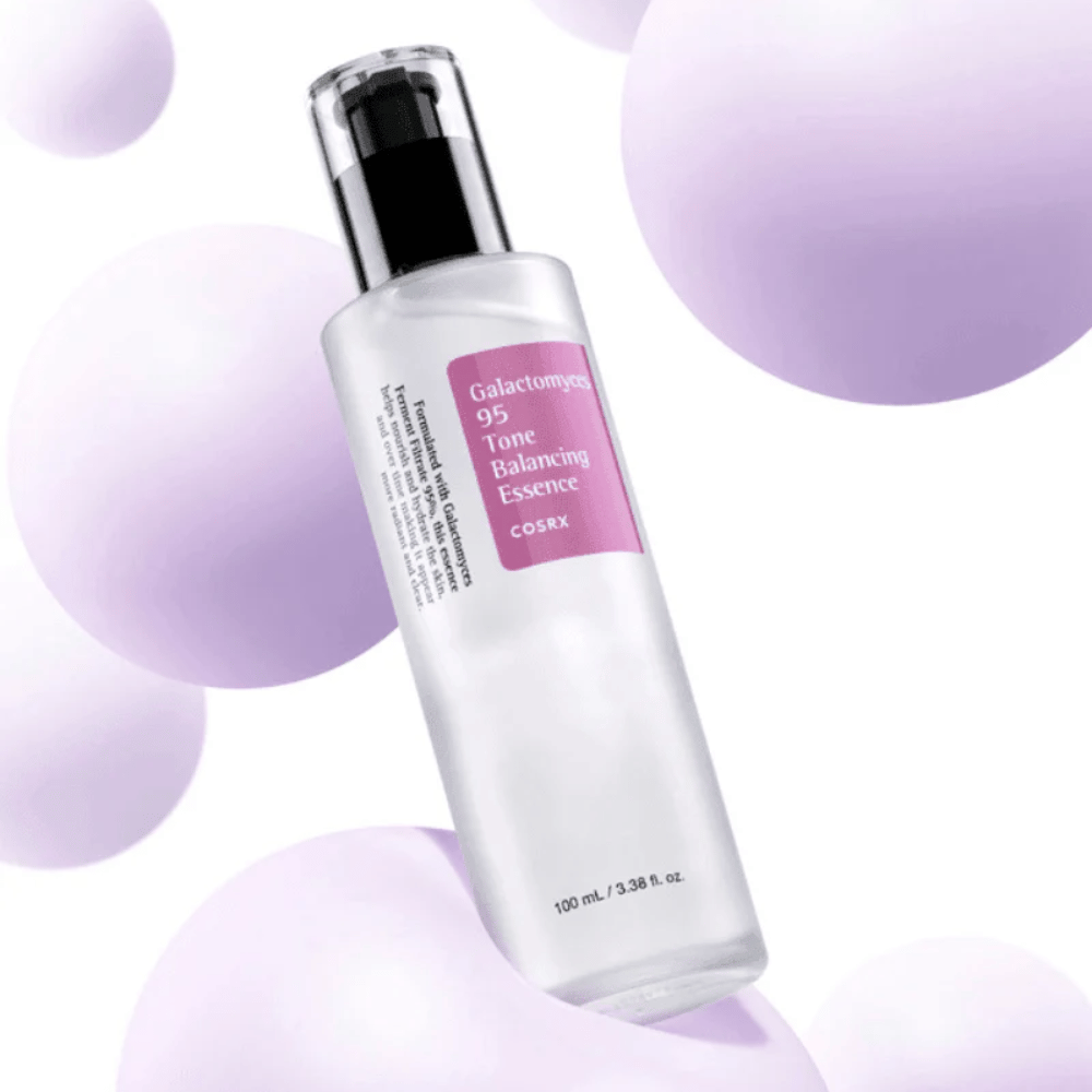 COSRX Galactomyces 95 Tone Balancing Essence in durchsichtiger Flasche mit lila Etikett. Die Essenz verleiht Glanz, balanciert den Hautton und verbessert die Hautstruktur.