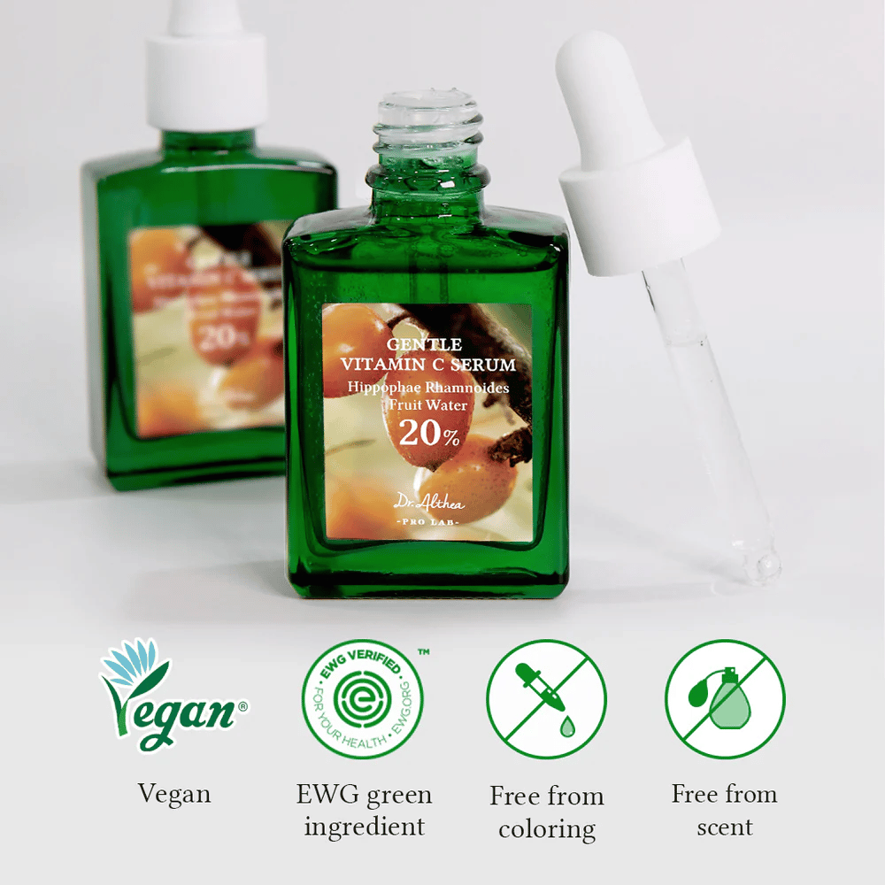 Dr.Althea Gentle Vitamin C Serum ist vegan und EWG-geprüft für sichere und umweltfreundliche Inhaltsstoffe. Frei von Farbstoffen und Parfüm, was es perfekt für empfindliche Haut macht. Enthält 20% Sanddornwasser, um die Haut zu befeuchten, aufzuhellen und zu schützen.