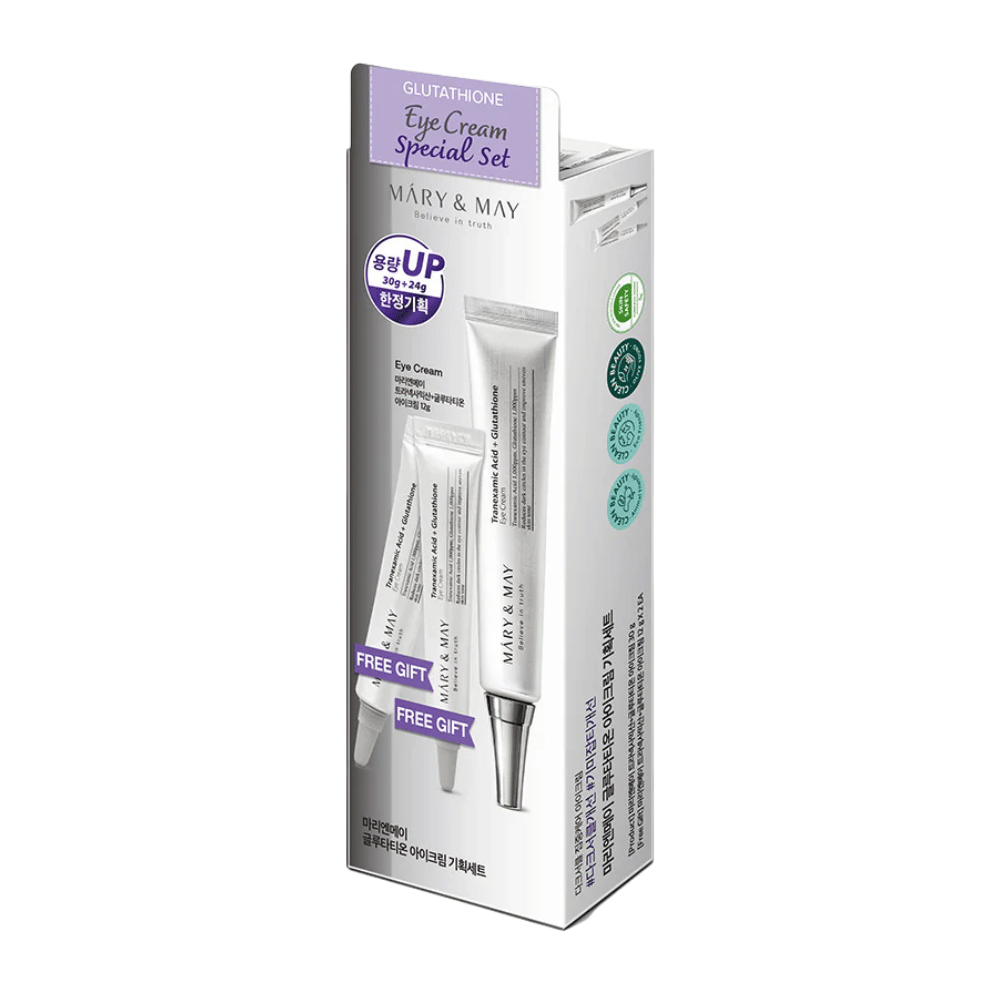 Mary&May Glutathione Eye Cream Special Set mit Bonusprodukten, ein beliebtes K-beauty-Set für intensive Aufhellung und Pflege der Haut um die Augen.