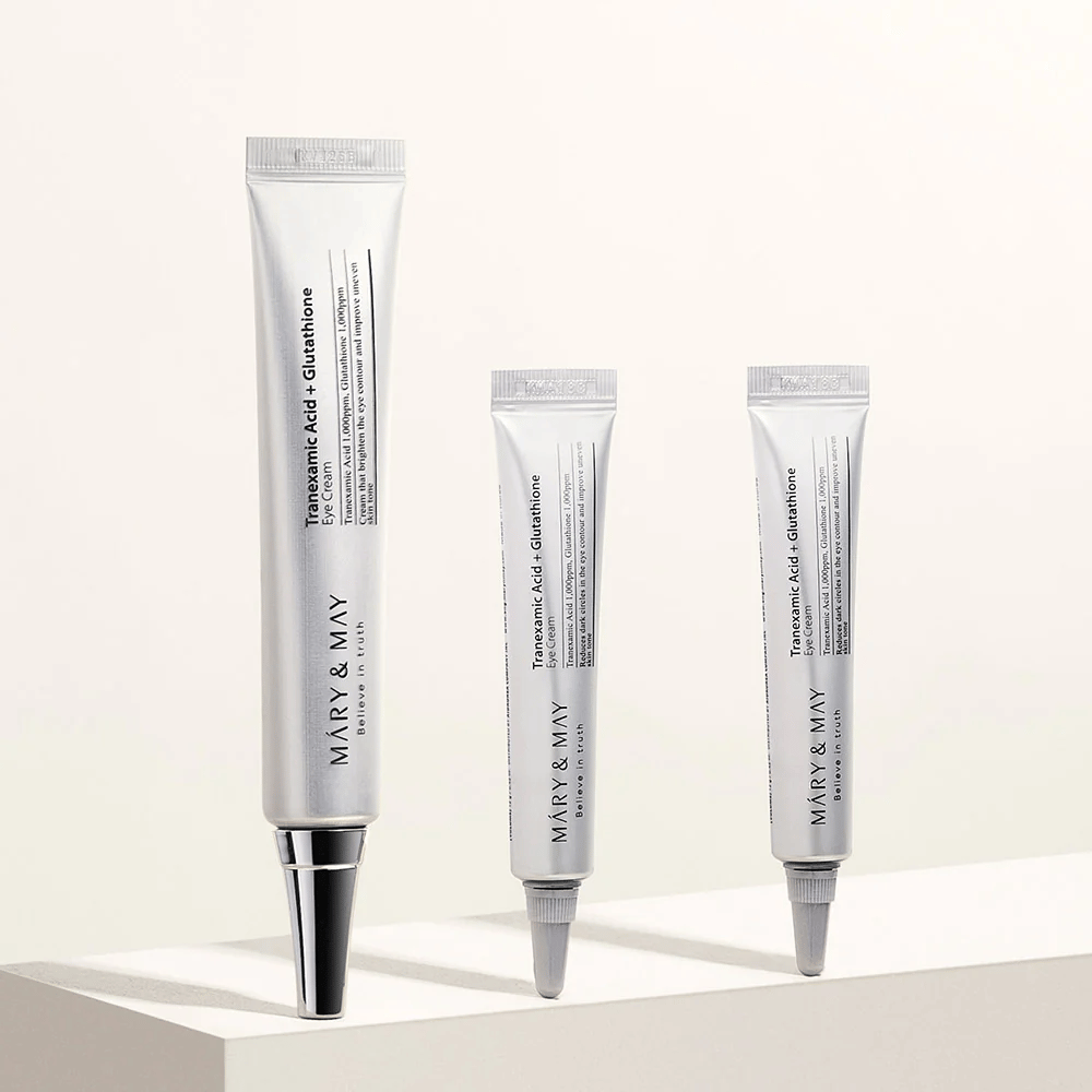 Augencreme von Mary&May mit Tranexamsäure und Glutathion in mehreren Größen, entwickelt, um Pigmentierung zu reduzieren und klarere Haut um die Augen zu erzielen.