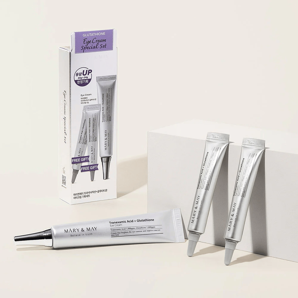 Mary&May Tranexamic Acid + Glutathione Eye Cream Spezialset mit Originalverpackung und zusätzlichen Tuben, ein komplettes Set für strahlende und ausgleichende Augenpflege.