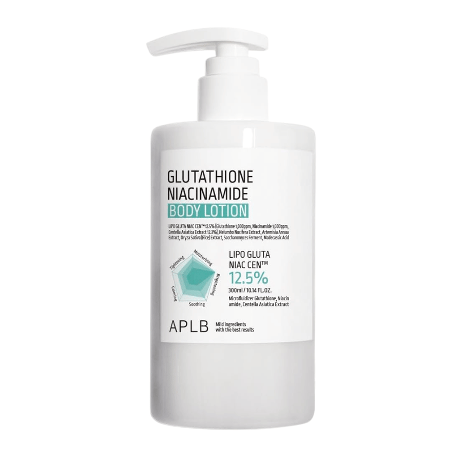 APLB Glutathione Niacinamide Body Lotion Produktbild mit Pumpflasche und fortschrittlicher Formel für Feuchtigkeit, Ausstrahlung und verbesserte Hautelastizität