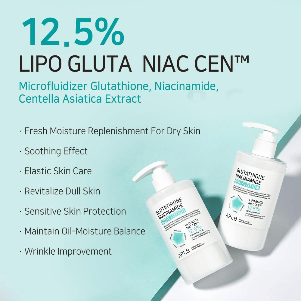 APLB Glutathione Niacinamide Body Lotion 12,5 % Lipo Gluta Niac Cent mit Feuchtigkeit, Hautbalance, Anti-Aging-Effekt und Schutz für empfindliche Haut