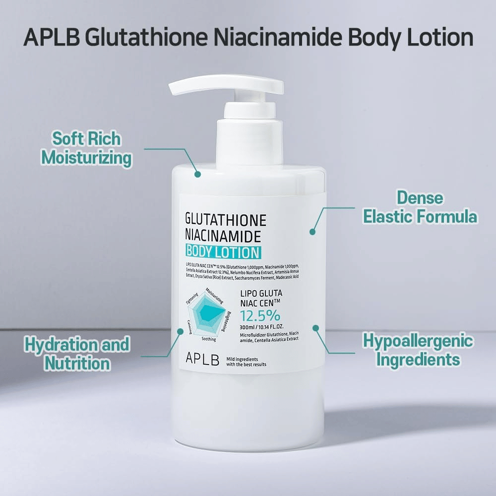 APLB Glutathione Niacinamide Body Lotion Pumpflasche mit feuchtigkeitsspendender, elastischer Formel und hypoallergenen Inhaltsstoffen für weiche und nährende Hautpflege