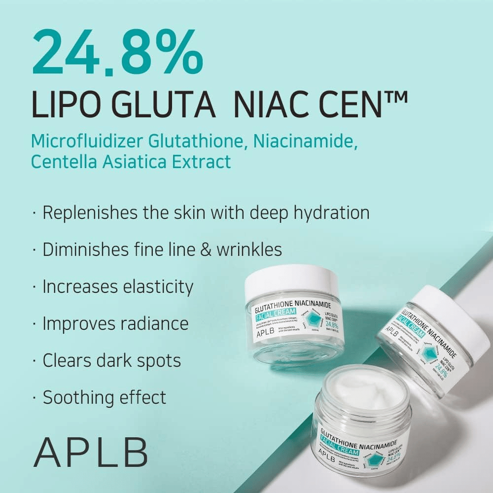 APLB Glutathione Niacinamide Facial Cream 24,8 % Lipo Gluta Niac Cent mit intensiver Feuchtigkeitsversorgung, Anti-Aging-Effekt und verbessertem Hautton
