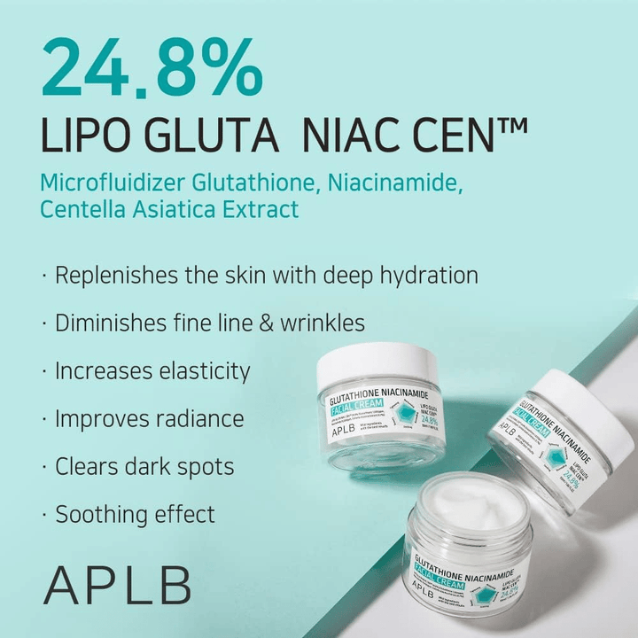 APLB Glutathione Niacinamide Facial Cream 24,8 % Lipo Gluta Niac Cent mit intensiver Feuchtigkeitsversorgung, Anti-Aging-Effekt und verbessertem Hautton