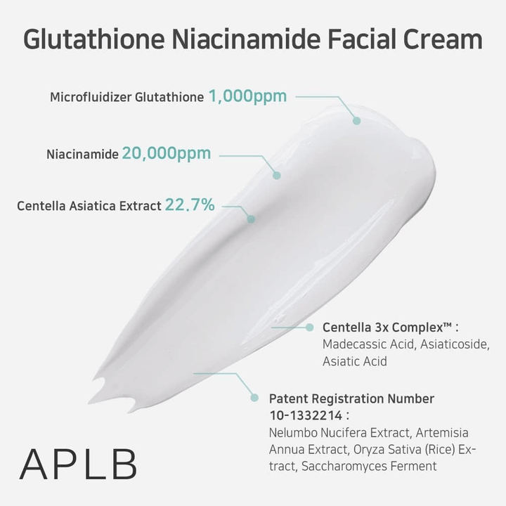 APLB Glutathione Niacinamide Facial Cream mit 1000 ppm Glutathion, 20000 ppm Niacinamid und 22,7 % Centella Asiatica für Feuchtigkeitsversorgung und beruhigende Wirkung
