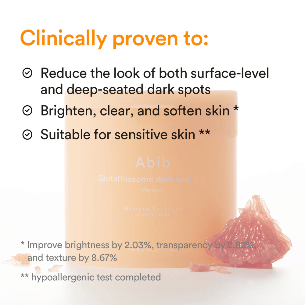 Abib Glutathiosome Dark Spot Pad Vita Touch mit klinisch getesteten Vorteilen für Ausstrahlung und Pigmentierung.
