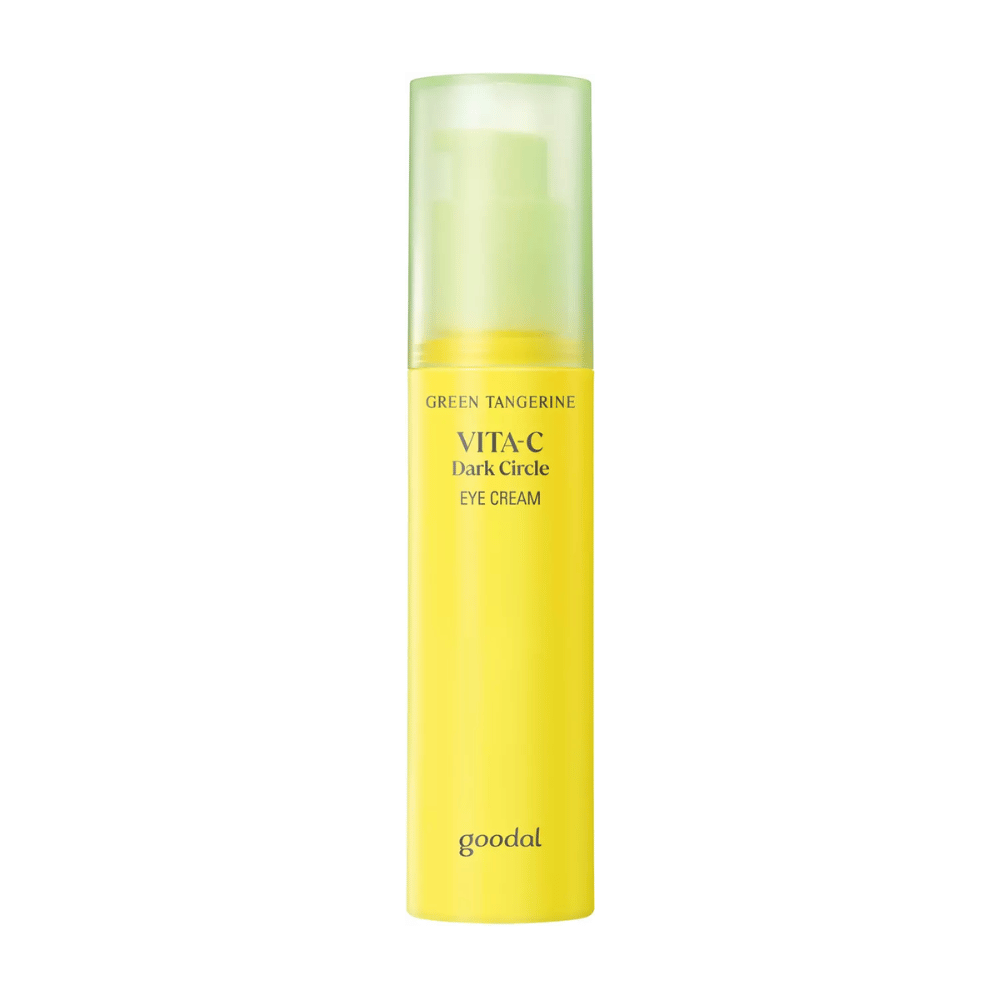 Eine Flasche Goodal Green Tangerine Vita C Dark Circle Eye Cream 30ml auf weißem Hintergrund mit Vitamin C.