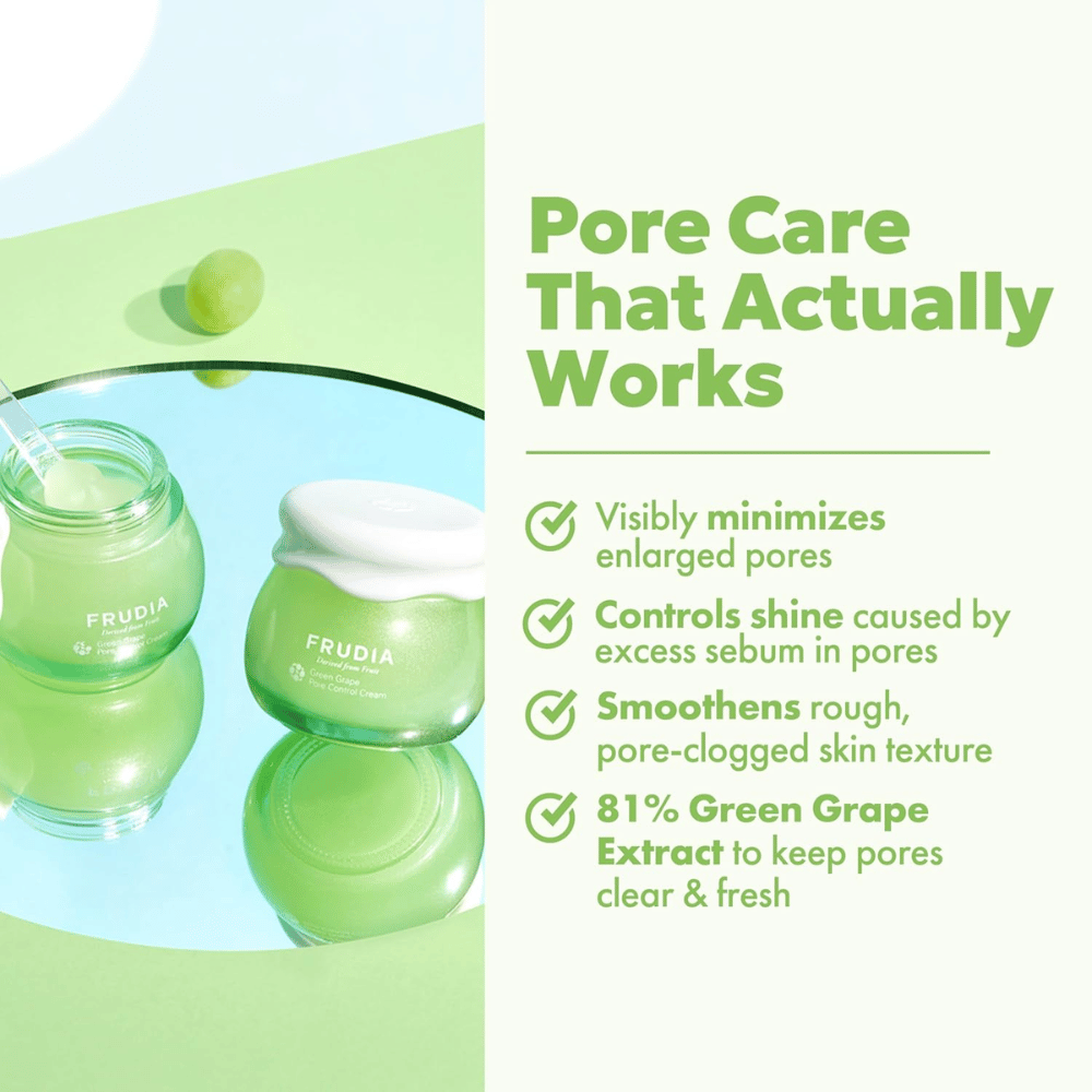 FRUDIA Green Grape Pore Control Cream die sichtbar Poren reduziert, Glanz kontrolliert und die Hautstruktur mit 81 % grünem Traubenextrakt ausgleicht.