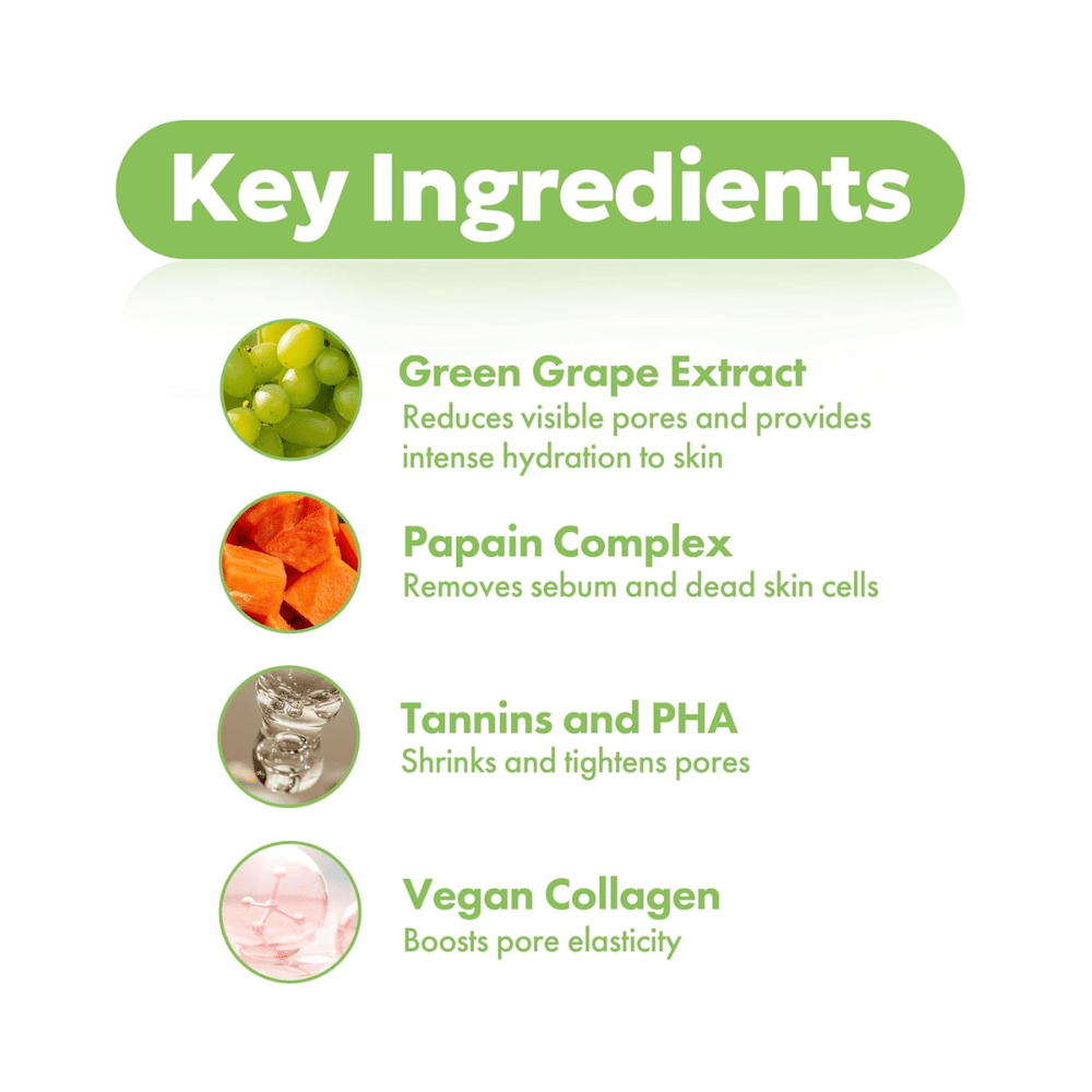 Schlüsselzutaten in FRUDIA Green Grape Pore Control Cream mit grünem Traubenextrakt, Papain, PHA, Tanninen und veganem Kollagen für klarere und glattere Haut.
