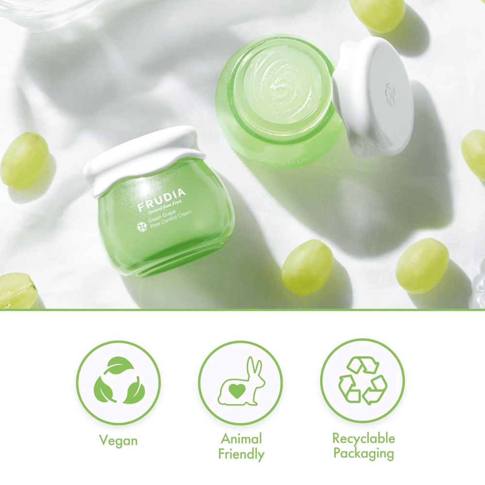 FRUDIA Green Grape Pore Control Cream mit grünem Traubenextrakt, vegane Gesichtscreme, die Poren minimiert, Sebum ausbalanciert und eine recycelbare Verpackung bietet.
