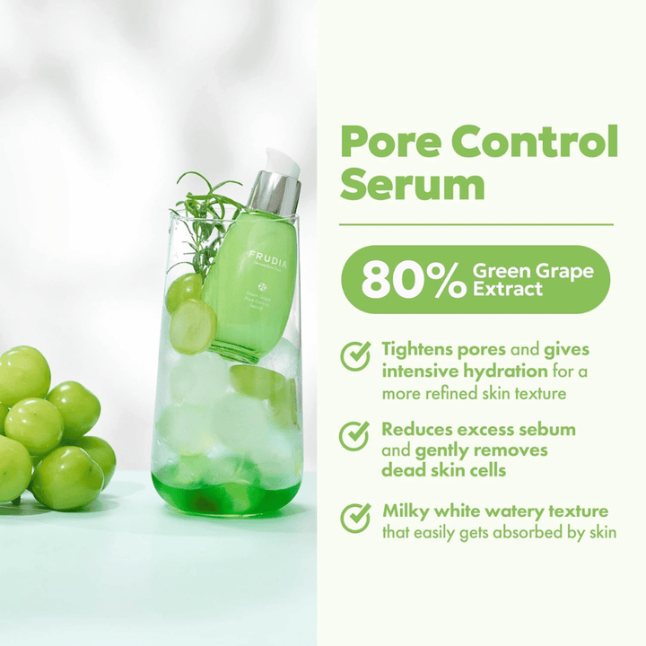 Frudia Green Grape Pore Control Serum das Poren strafft, überschüssiges Sebum reduziert und schnell mit leichter, milchiger Textur absorbiert wird für frische und ausgeglichene Haut.
