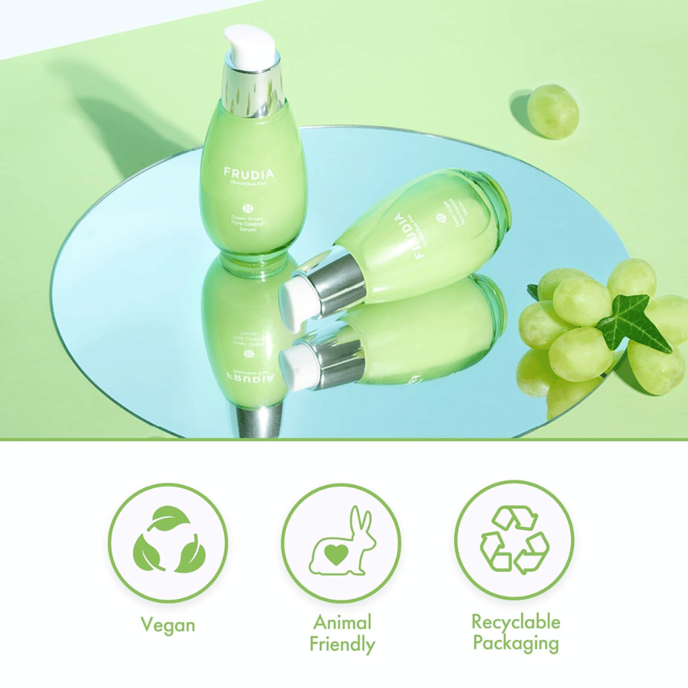Frudia Green Grape Pore Control Serum mit grünen Trauben, veganer Formel, cruelty-free und recycelbarer Verpackung – koreanische Hautpflege zur Porenverkleinerung und für ausgeglichene Haut.