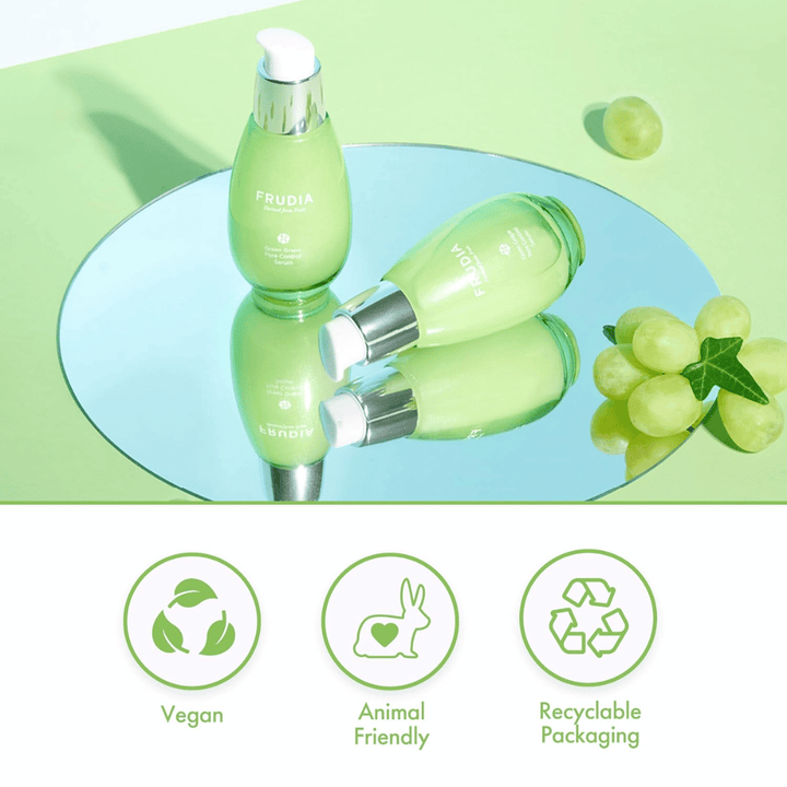 Frudia Green Grape Pore Control Serum mit grünen Trauben, veganer Formel, cruelty-free und recycelbarer Verpackung – koreanische Hautpflege zur Porenverkleinerung und für ausgeglichene Haut.