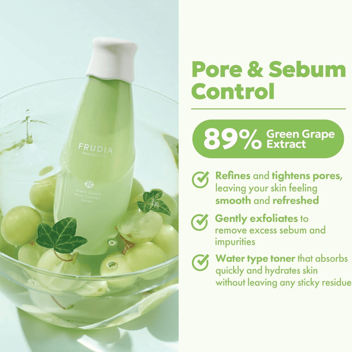 Frudia Green Grape Pore Control Toner mit 89 % grünem Traubenextrakt, der Poren verfeinert, überschüssigen Talg reduziert und die Haut mit einem leichten, schnell einziehenden Toner ohne klebriges Gefühl hydratisiert.