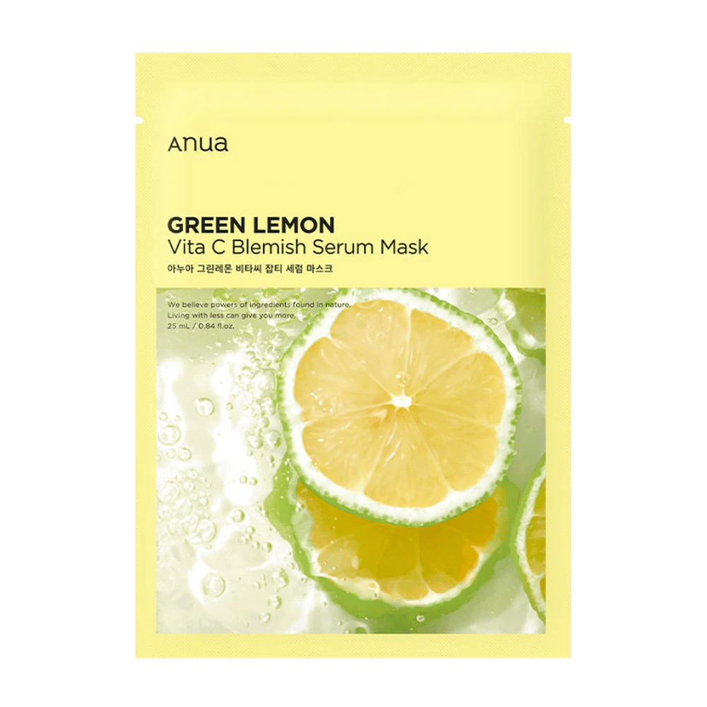 Die Verpackung von Anua Green Lemon Vita C Blemish Serum Mask hebt ein klares Bild einer Zitronenscheibe mit Wassertropfen vor einem hellgelben Hintergrund hervor. Der Text beschreibt seine natürlichen Inhaltsstoffe und Hautpflegeeigenschaften.
