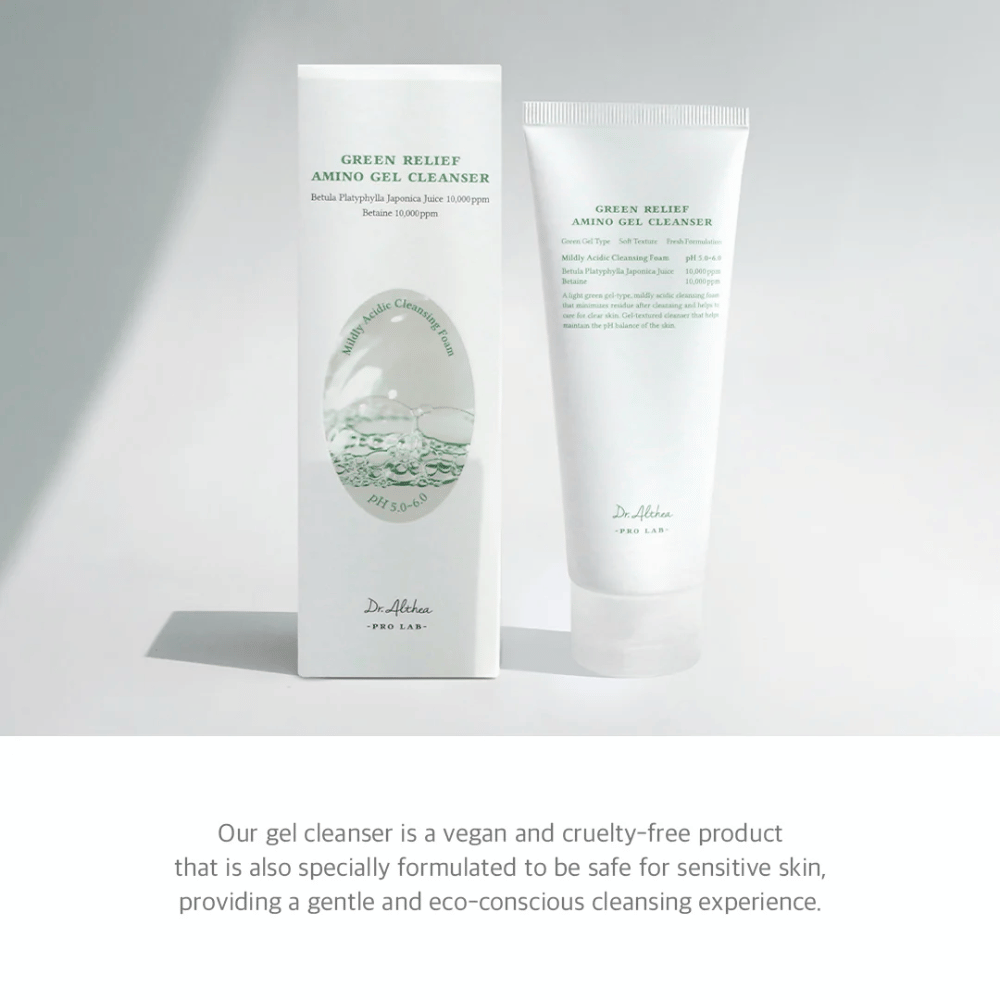 Dr. Althea Green Relief Amino Gel Cleanser ist eine vegane, cruelty-free Reinigung mit milder Geltextur. Speziell entwickelt für empfindliche Haut und umweltbewusste Anwendung.