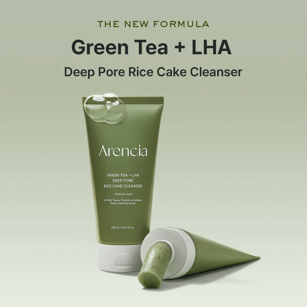 Kampagnenbild für Arencia Green Tea + LHA Deep Pore Rice Cake Cleanser, das die neue Formel mit grünem Tee und LHA zur Tiefenreinigung der Poren hervorhebt.