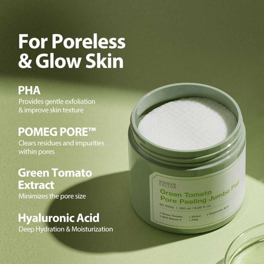 SUNGBOON EDITOR Green Tomato Pore Peeling Jumbo Pad – exfolierende Pads mit PHA, grünem Tomatenextrakt und Hyaluronsäure