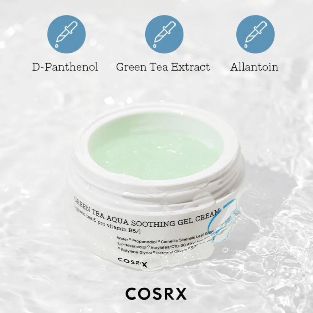 COSRX Green Tea Aqua Soothing Gel Cream – offenes Glas mit grüner Gelcreme. Schlüsselzutaten: D-Panthenol, Grüner Tee-Extrakt und Allantoin für Feuchtigkeit und beruhigende Wirkung.