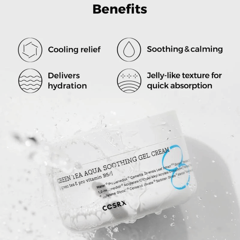 COSRX Green Tea Aqua Soothing Gel Cream – Vorteile: kühlender Effekt, beruhigend und pflegend, intensive Feuchtigkeit und gelartige Textur für schnelle Absorption.