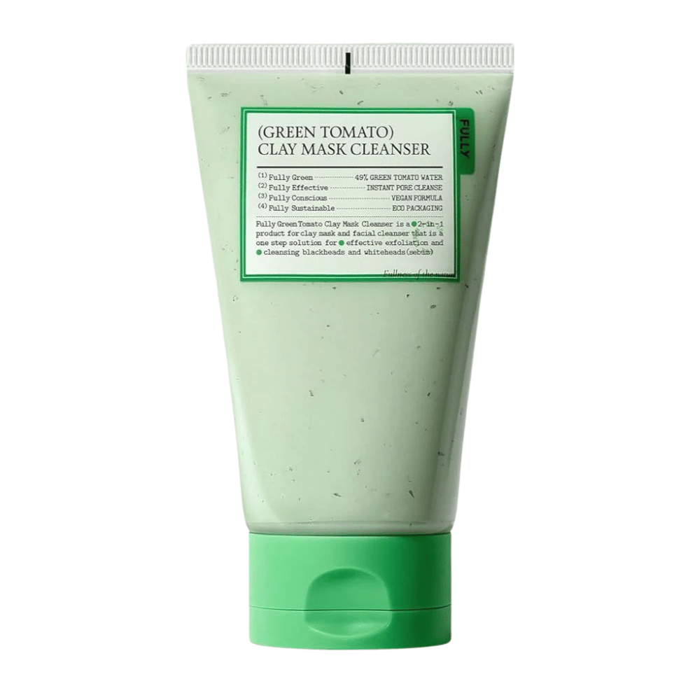 Ein Produktbild von Green Tomato Clay Mask Cleanser in einer grünen Tube vor weißem Hintergrund. Der Fokus liegt auf der Verpackung und dem Design.