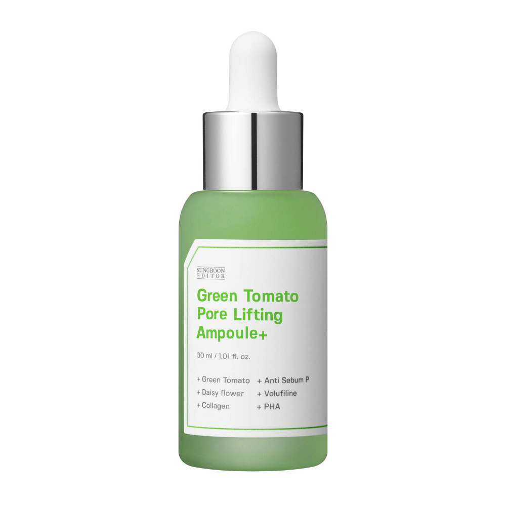 Freigestelltes Produktbild von Green Tomato Pore Lifting Ampoule+ in grüner Glasflasche mit Pipette.