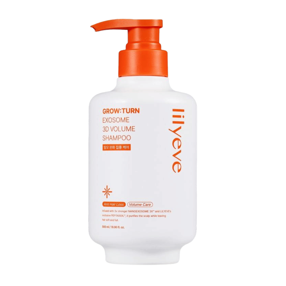 LILYEVE Grow:Turn Exosome 3D Volume Shampoo in weißer Pumpflasche mit orangefarbenen Details für die Kopfhautpflege