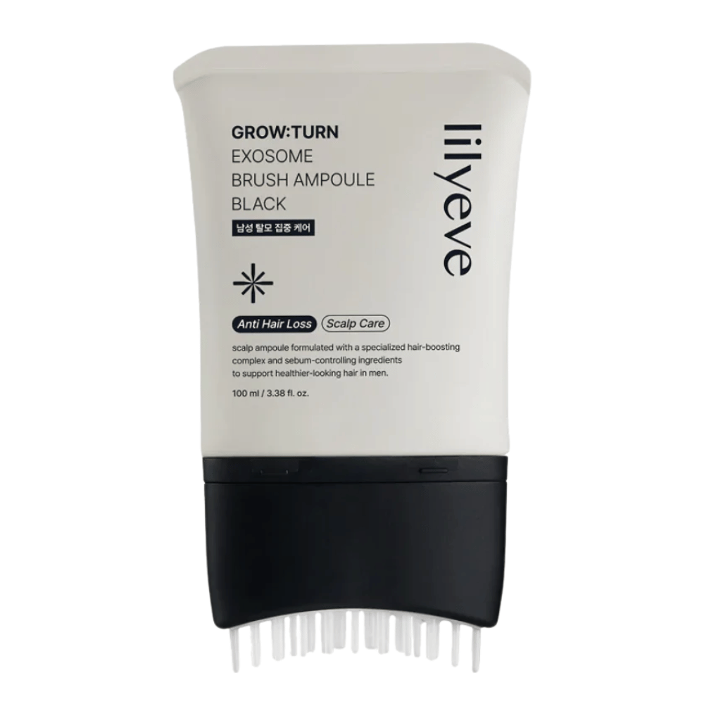 Freigestelltes Produktbild von LILYEVE Grow:Turn Exosome Brush Ampoule Prime vor weißem Hintergrund. Der integrierte Bürstenapplikator erleichtert das Auftragen des Serums direkt auf die Kopfhaut für die tägliche Haar- und Kopfhautpflege.