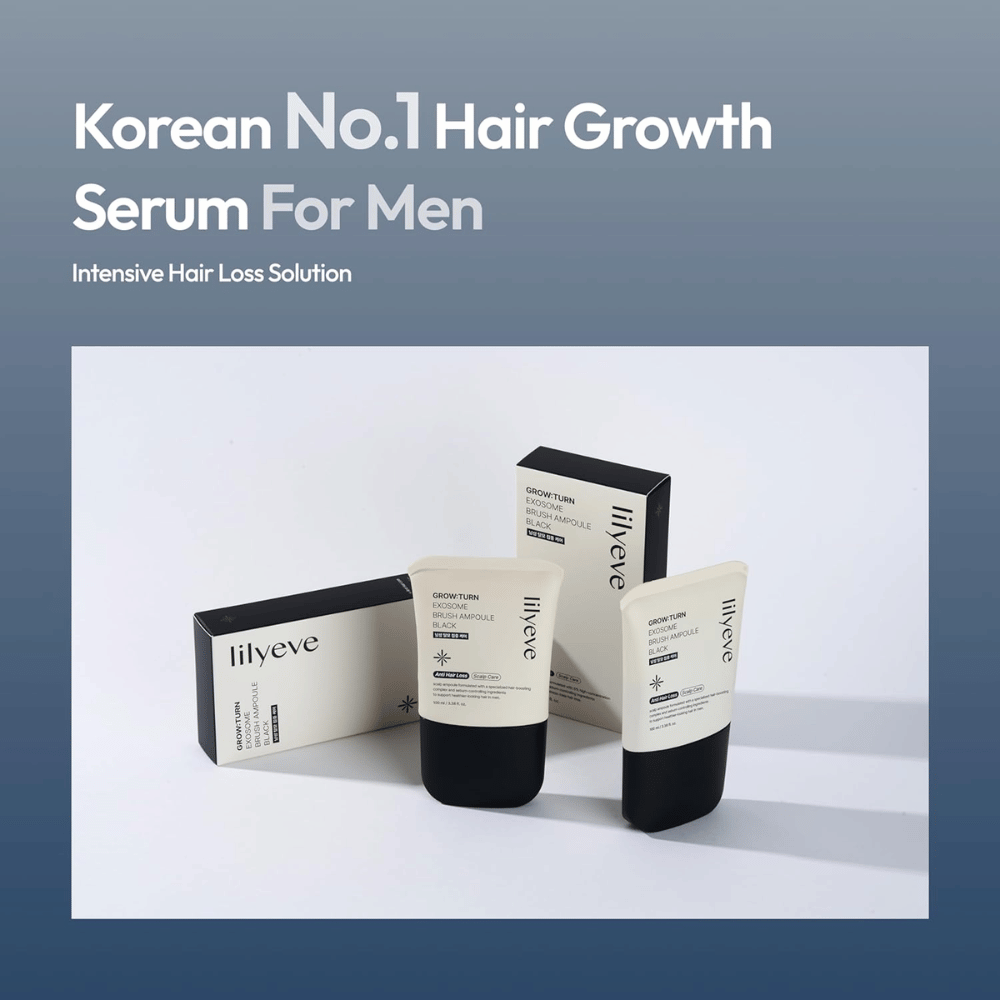 Produkt- und Verpackungsbild von LILYEVE Grow:Turn Exosome Brush Ampoule Prime. Das Bild hebt das Serum als ein für Männer entwickeltes Haarpflegeprodukt hervor, mit Fokus auf Kopfhautpflege und haarausfallbezogene Bedürfnisse.