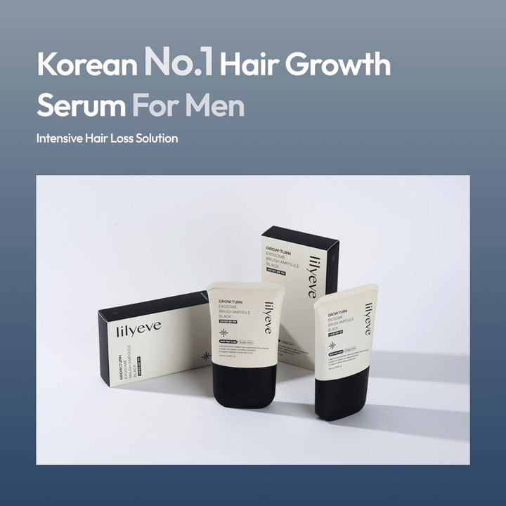 Produkt- und Verpackungsbild von LILYEVE Grow:Turn Exosome Brush Ampoule Prime. Das Bild hebt das Serum als ein für Männer entwickeltes Haarpflegeprodukt hervor, mit Fokus auf Kopfhautpflege und haarausfallbezogene Bedürfnisse.