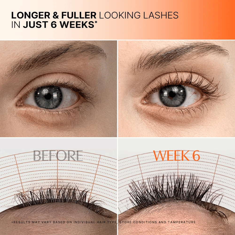 Vorher-Nachher-Bild der Wimpern nach 6 Wochen Anwendung von LILYEVE Grow Turn Exosome Dual Lash Serum.