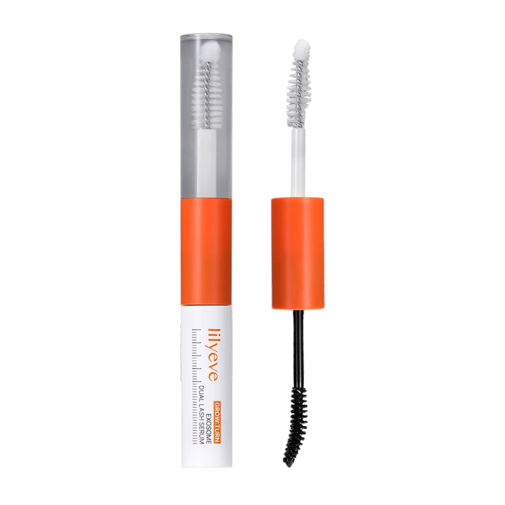 LILYEVE Grow Turn Exosome Dual Lash Serum – doppelseitiges Wimpernserum mit transparentem und schwarzem Serum sowie zwei Applikatoren.