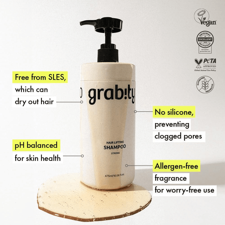 Grabity g0.0 Hair Lifting Shampoo Strong mit Informationen über eine SLES-freie Formel, silikonfreie Zusammensetzung, allergenfreien Duft und Zertifizierungen für vegane und schonende Haarpflege.