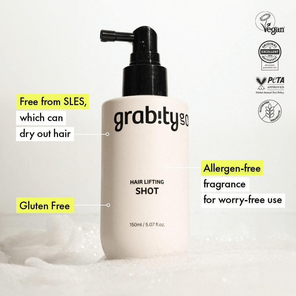Grabity Hair Lifting Shot in weißer Sprayflasche mit Informationen über vegane Formel, PETA-Zulassung, SLES-freie Zusammensetzung, glutenfreie Formel und allergenfreien Duft für eine schonende Haarpflege.