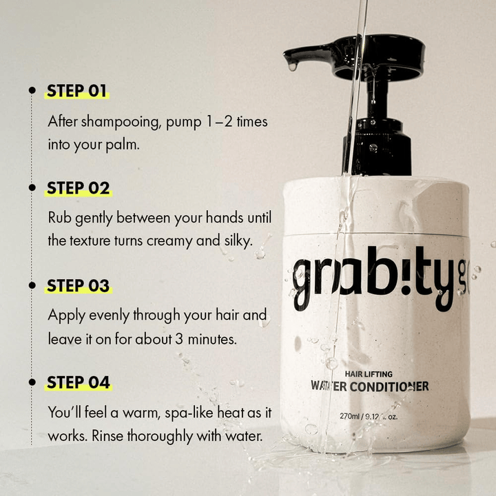 Instruktionsbild für Grabity Hair Lifting Water Conditioner, das zeigt, wie das Produkt nach der Haarwäsche angewendet wird, um Pflege, Glanz und einen volleren Haareindruck zu verleihen.