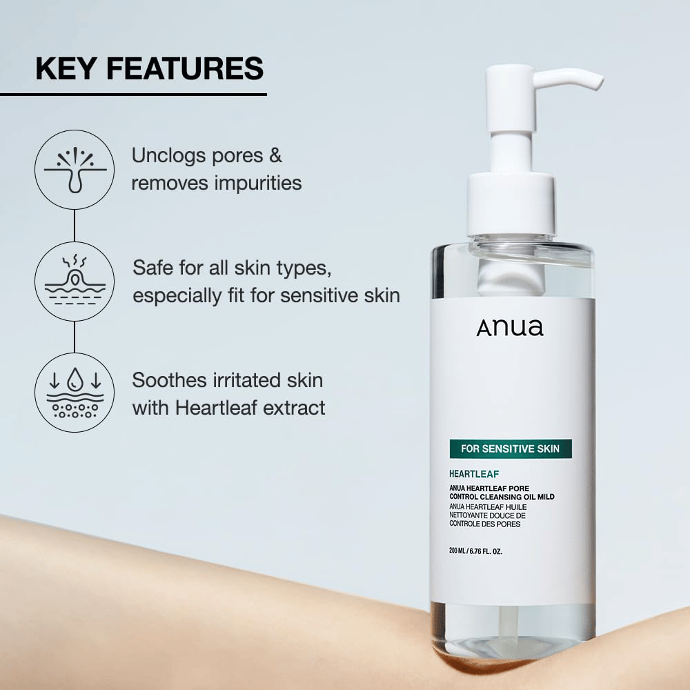 Anua Heartleaf Pore Control Cleansing Oil Mild ist ein sanftes Reinigungsöl für alle Hauttypen, besonders geeignet für empfindliche Haut. Es hilft dabei: Unreinheiten zu entfernen und die Poren zu reinigen. Beruhigt gereizte Haut mit Hilfe von Heartleaf-Extrakt. Ist sicher für alle Hauttypen und speziell darauf ausgelegt, sanft und effektiv zu sein.