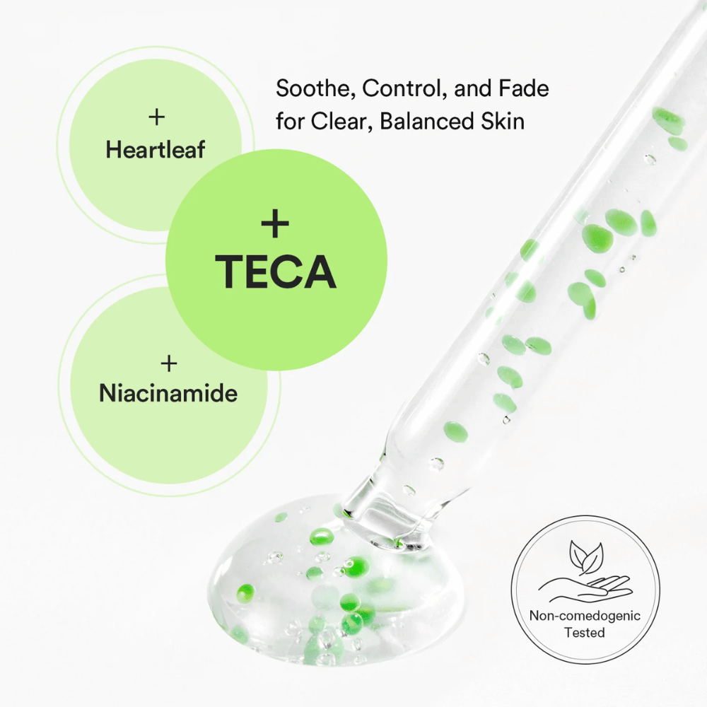 Produktillustration, die die Kombination aus Heartleaf, TECA und Niacinamid zeigt, um die Haut auszugleichen, Öl zu kontrollieren und sichtbare Hautprobleme zu reduzieren.