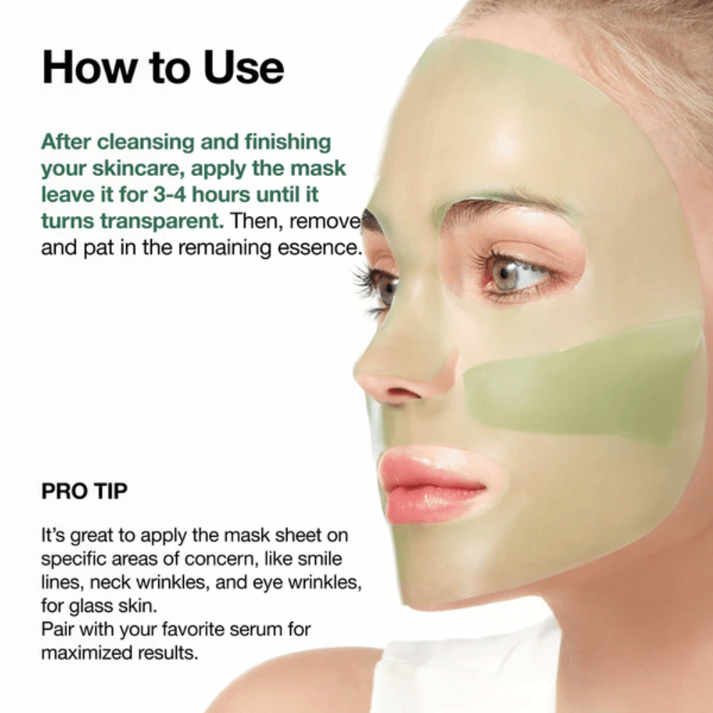 Ein Modell trägt eine hellgrüne Hydrogelmaske, die den größten Teil des Gesichts bedeckt. Das Bild zeigt, wie die Maske nach der Hautpflegeroutine verwendet wird, und betont, dass sie 3–4 Stunden auf der Haut bleiben soll, bis sie transparent wird. Der Fokus liegt auf langanhaltender Feuchtigkeitsversorgung und darauf, dass die Essenz effektiv von der Haut aufgenommen wird.