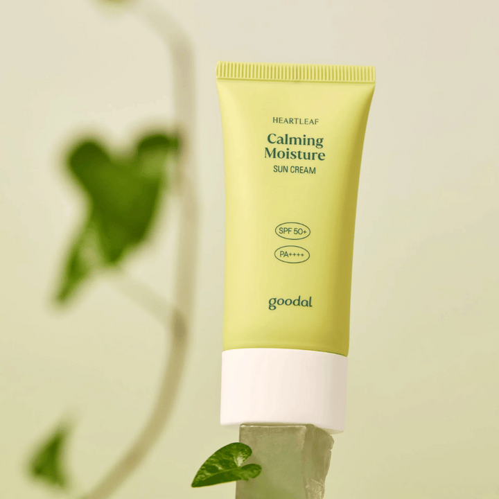 Goodal Heartleaf Calming Moisture Sun Cream SPF50+ PA++++ placerad på en glasskiva med grön växt i bakgrunden – en lugnande solkräm för känslig hud.