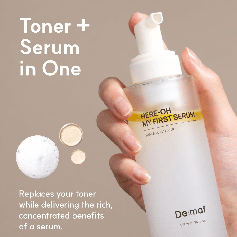 Zeigt, wie das Produkt gesichtswasser und Serum in einem Schritt für eine einfache und effektive Hautpflege kombiniert.