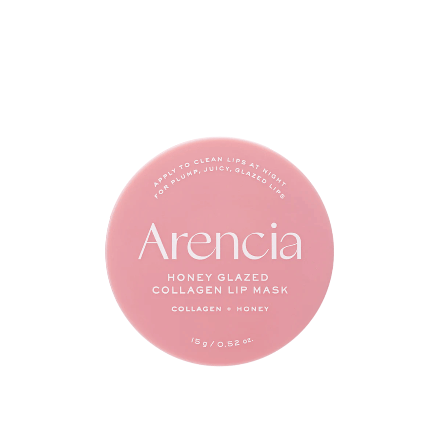 Reines Produktbild von Arencia Honey Glazed Collagen Lip Mask in rosafarbener Verpackung mit minimalistischem und stilvollem Design.