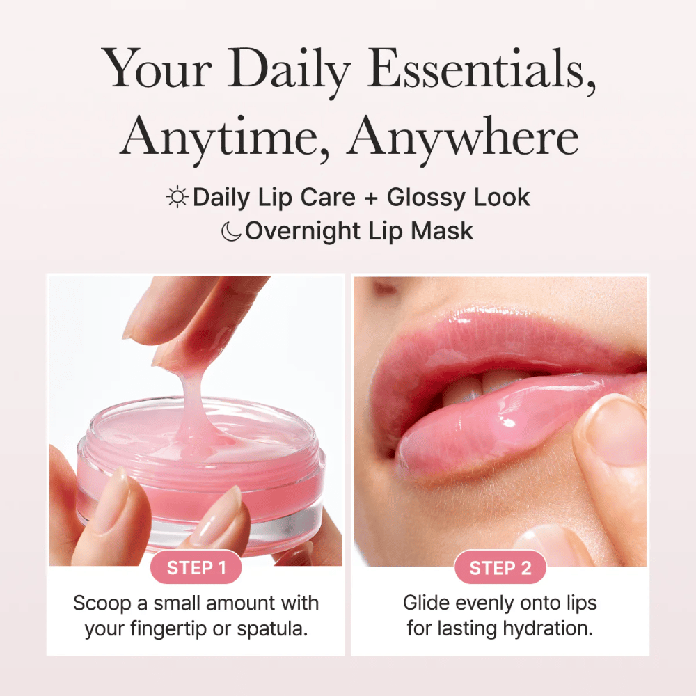 Anleitungsbild, das zeigt, wie die Lippenmaske tagsüber und nachts angewendet wird. Zuerst wird eine kleine Menge mit dem Finger oder Spatel aufgetragen, danach wird das Produkt gleichmäßig auf den Lippen verteilt für langanhaltende Feuchtigkeit und Glanz.